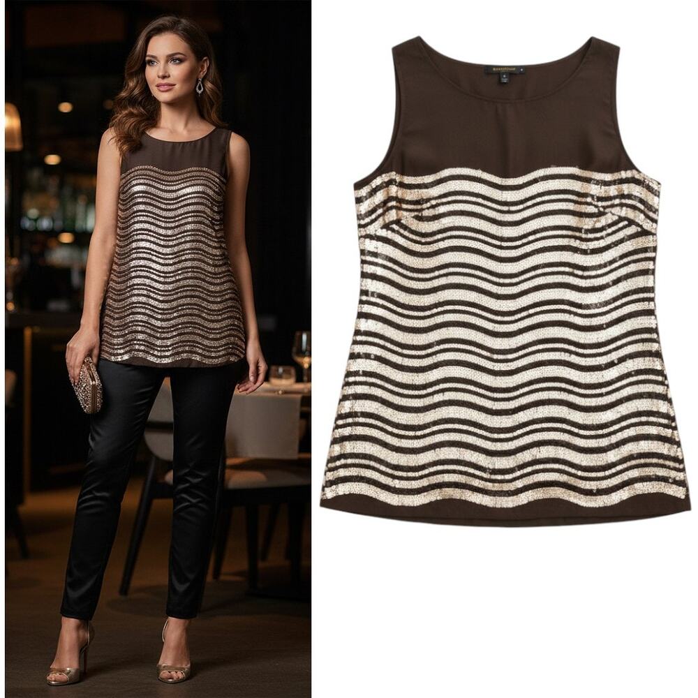 Soft Surroundings Sequin Tunic Top Size S Brown Gold Chiffon Sleeveless Longline